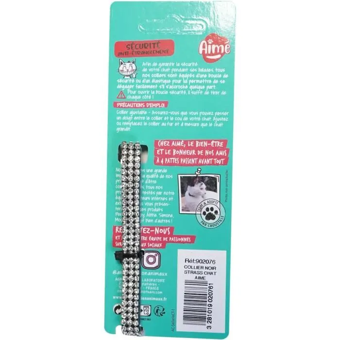 Aime - Collier pour chat ajustable 18-28 cm en nylon noir avec strass et grelot en argent, boucle anti-étranglement