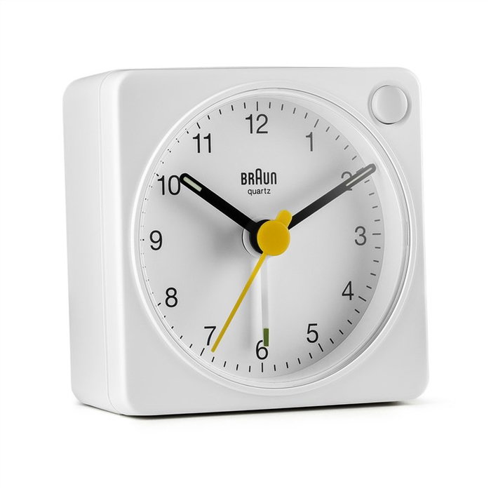 Braun BC-02-XW Réveil de voyage classique analogique blanc avec réveil progressif, aiguilles luminescentes et lumière de fond