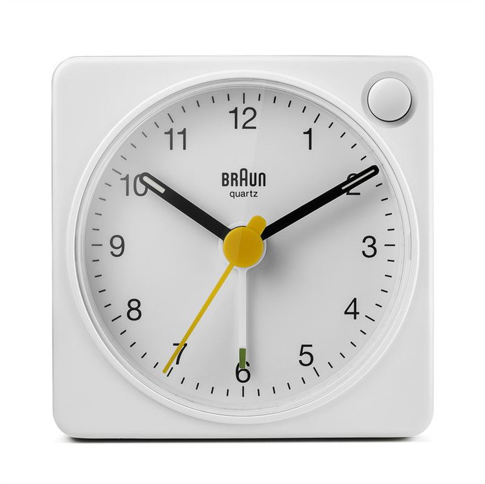 Braun BC-02-XW Réveil de voyage classique analogique blanc avec réveil progressif, aiguilles luminescentes et lumière de fond