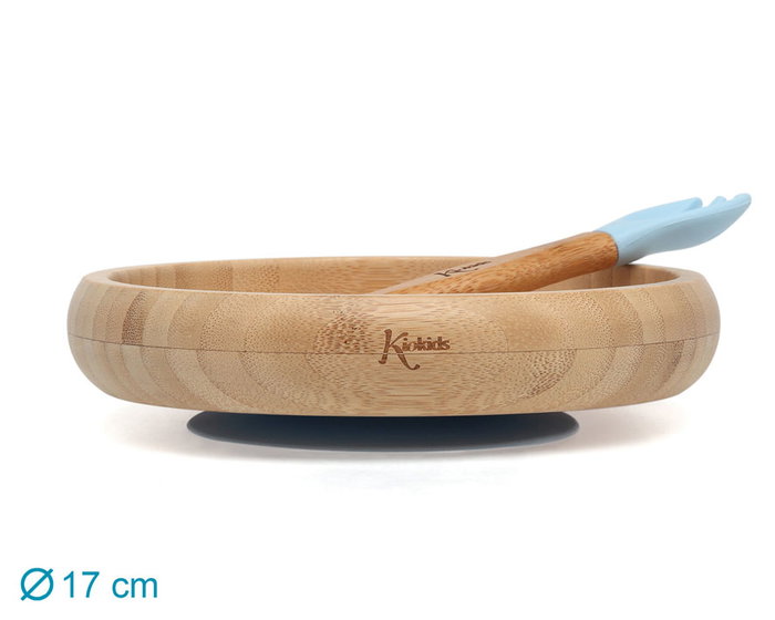 KioKids Set de vaiselle bébé en bambou et silicone bleu avec cuillère-fourchette 2 en 1 et ventouse antidérapante - Collection Ecofriendly pour +4 mois KioKids Set de vaiselle bébé en bambou et silicone bleu avec cuillère-fourchette 2 en 1 et ventouse antidérapante - Collection Ecofriendly pour +4 mois