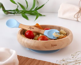 KioKids Set de vaisselle en bambou et silicone bleu avec cuillère et fourchette