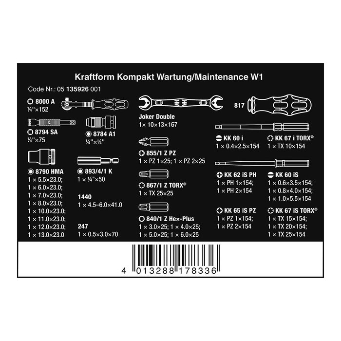 Wera Kit maintenance W1 32 pièces avec embouts, douilles et clé 10x13 mm - Kraftform 817 Wera Kit maintenance W1 32 pièces avec embouts, douilles et clé 10x13 mm - Kraftform 817