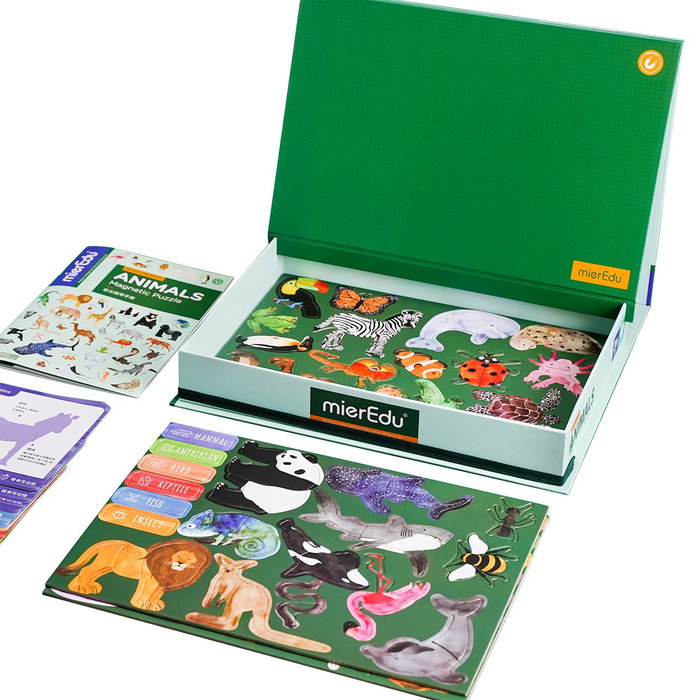 Mieredu Puzzle Magnétique Éducatif sur les Animaux avec Cartes-Encyclopédie - 125 Pièces, Âge 3+ (Langues: Anglais, Français, Allemand, Italien, Portugais, Espagnol)
