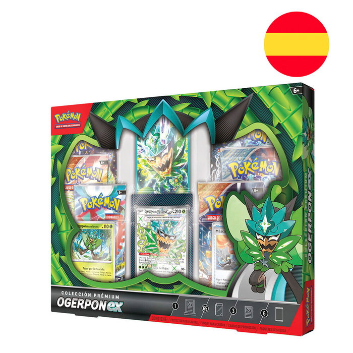 POKEMON Estuche cartas Ogerpon EX pour cartes Pokémon TCG en espagnol avec 1 carte promo, 2 cartes metalisées, 6 boosters et accessoires