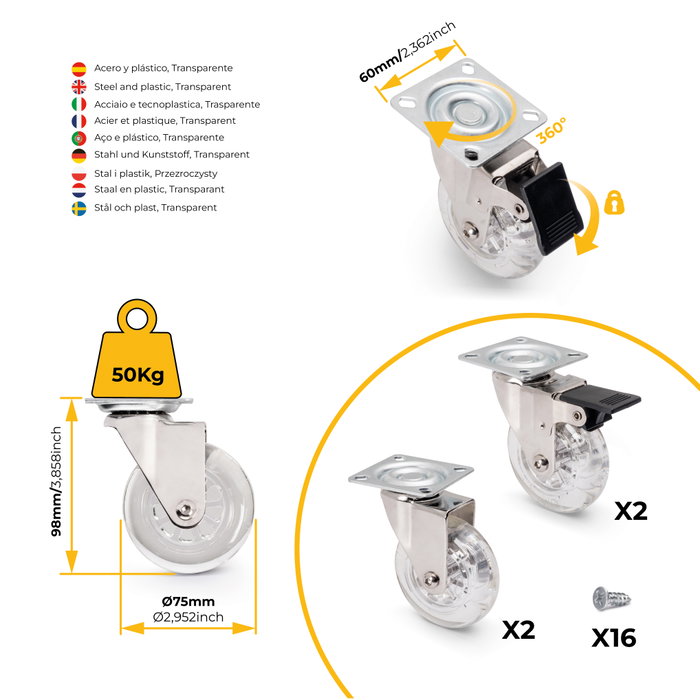 Emuca Lot de 4 roulettes Slip transparente avec plétine de montage, diamètre 75mm, Acier et Plastique