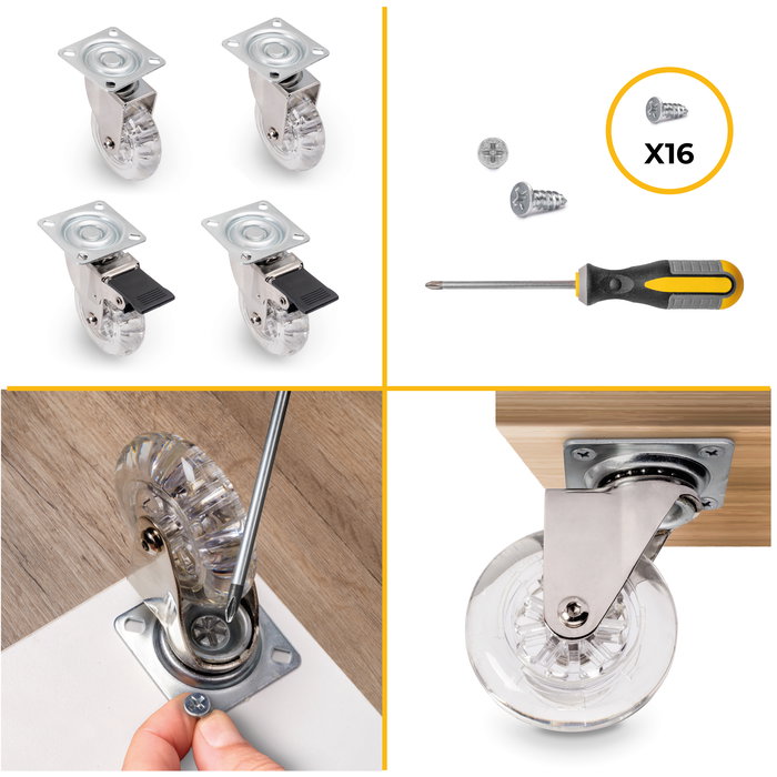 Emuca Lot de 4 roulettes Slip transparente avec plétine de montage, diamètre 75mm, Acier et Plastique