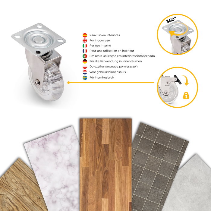 Emuca Lot de 4 roulettes Slip transparente avec plétine de montage, diamètre 75mm, Acier et Plastique