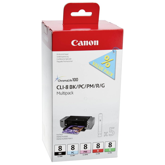 Canon CLI-8 Multipack BK/PC/PM/R/G, 5 cartouches de 13 ml Canon CLI-8 Multipack BK/PC/PM/R/G, 5 cartouches de 13 ml