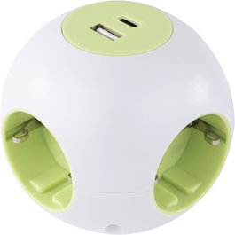 Rev PowerGlobe Bloc multiprise sphérique 4 prises et USB, blanc-vert, 1,4 m