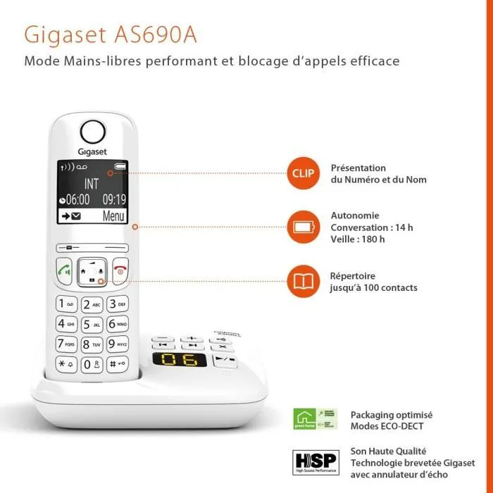 Gigaset AS690 A - Téléphone fixe sans fil avec répondeur - Mains libres - Identification de l'appelant - Ecran - Alarme - ECO DECT - Boîtier blanc Gigaset AS690 A - Téléphone fixe sans fil avec répondeur - Mains libres - Identification de l'appelant - Ecran - Alarme - ECO DECT - Boîtier blanc