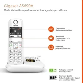 Gigaset AS690 A - Téléphone fixe sans fil avec répondeur - Mains libres - Identification de l'appelant - Ecran - Alarme - ECO DECT - Boîtier blanc