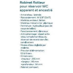 Novobain Robinet Flotteur Latéral NOVOBAIN pour Réservoir WC, Embout en Laiton, Réglage Précis et Silencieux Novobain Robinet Flotteur Latéral NOVOBAIN pour Réservoir WC, Embout en Laiton, Réglage Précis et Silencieux