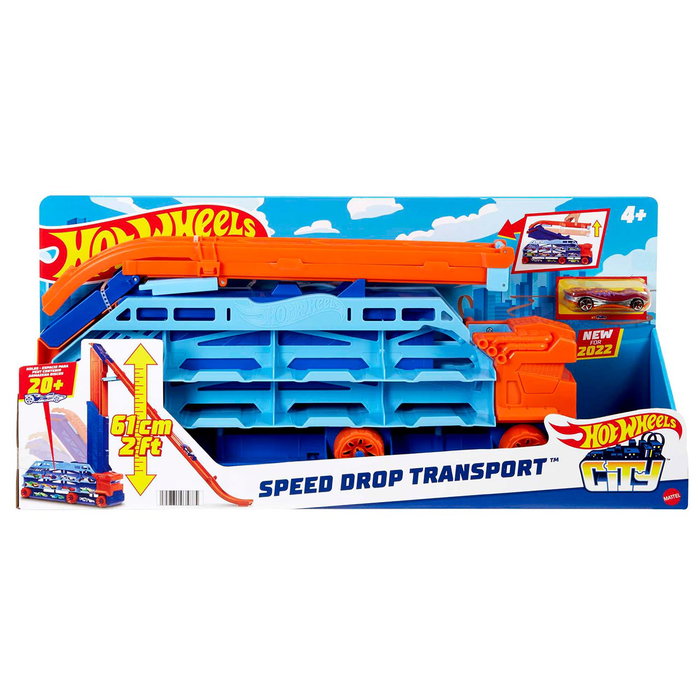 Mattel Camion Piste Transporte Voiture Hot Wheels City Speed Drop Transport HDY92 - Camion Transformable en Piste de Chute Libre de 60 cm - Inclus 1 Voiture