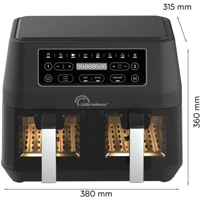 Little Balance Friteuse sans huile Airfryer Crousty Light Duo, Double cuve 9L, 1.8 kg capacité, 9 programmes de cuisson, 2460W, Technologie Air Pulsé 360