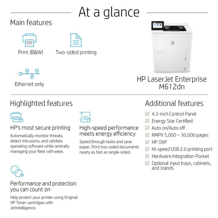 HP LaserJet Enterprise M612dn - Imprimante laser monochrome 75 ppm avec impression recto-verso et sécurité dynamique JetIntelligence HP LaserJet Enterprise M612dn - Imprimante laser monochrome 75 ppm avec impression recto-verso et sécurité dynamique JetIntelligence