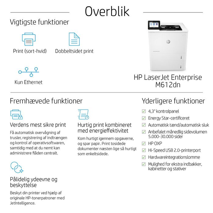 HP LaserJet Enterprise M612dn - Imprimante laser monochrome 75 ppm avec impression recto-verso et sécurité dynamique JetIntelligence HP LaserJet Enterprise M612dn - Imprimante laser monochrome 75 ppm avec impression recto-verso et sécurité dynamique JetIntelligence