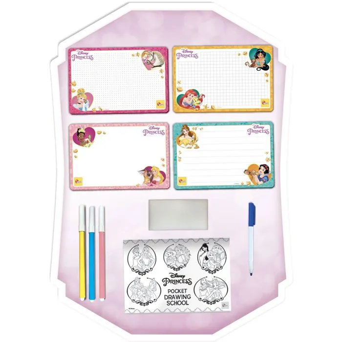 Liscianigiochi - Pocket Studio de Dessin - Princesses Disney - Kit créatif avec 4 ardoises effaçables et feutres - Guide de dessin progressif - A partir de 3 ans