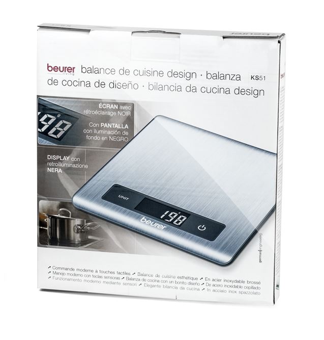 Beurer KS-51 - Balance de cuisine plate et moderne en acier, affichage rétroéclairé, surface anti-traces, fonction tare et unité ml