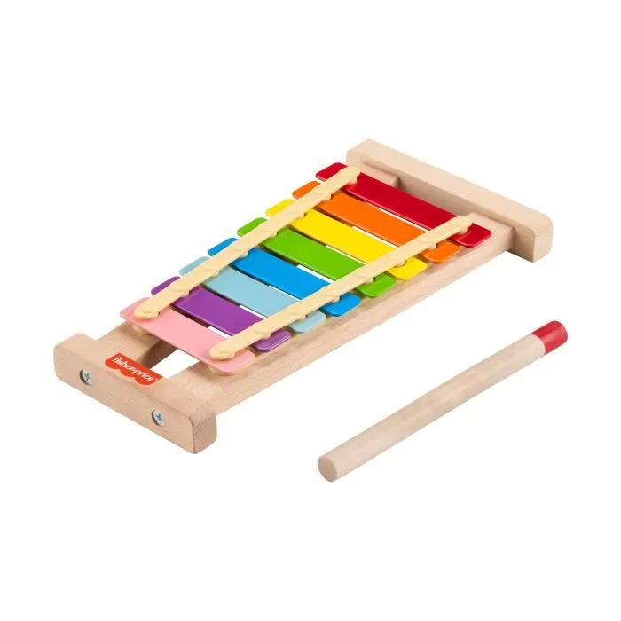 Fisher-Price Xylophone en bois pour bébés à partir de 24 mois, instrument de musique avec 8 touches arc-en-ciel et bâton, HXV13