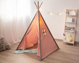 KioKids Tipi enfant rose - Tente de jeu et de repos lavable 35% polyester/65% coton - À partir de 0 mois - Avec porte et fenêtre - Facile à monter