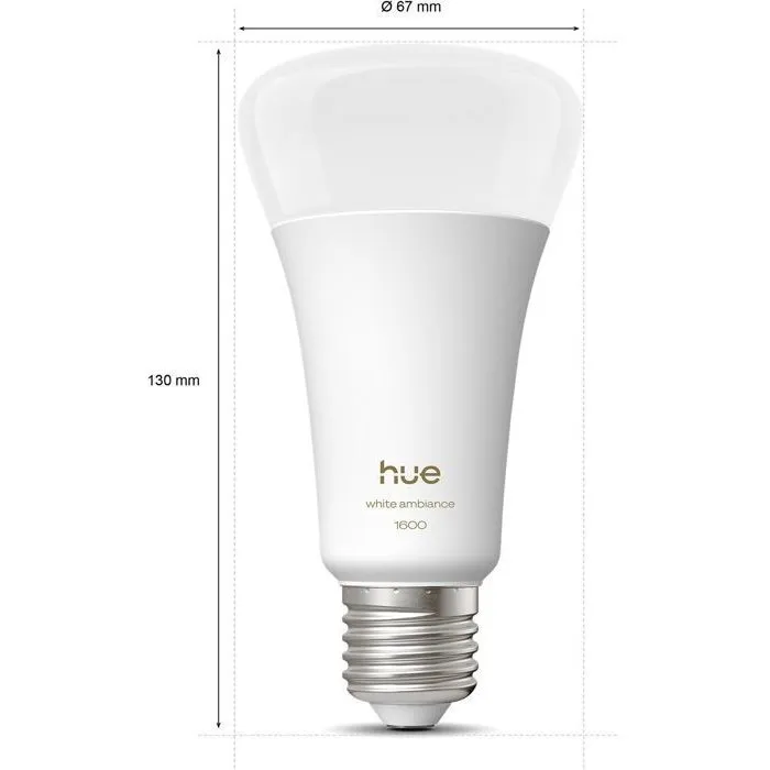 Philips Hue Ampoule LED connectée E27 11,8W A67 - Blanc chaud 2700K 1600 lumens - Gradation fluide 5%-100% compatible application Hue