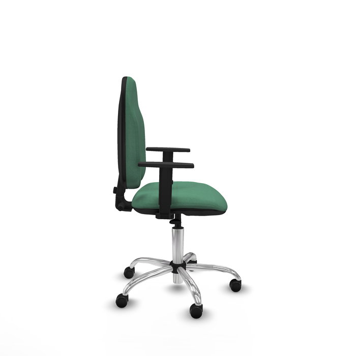 Chaise de bureau Algarra avec mécanisme de contact permanent de base, recouverte de tissu vert émeraude. Équipée d'une base chromée, d'accoudoirs 1D et de roulettes autobloquantes Chaise de bureau Algarra avec mécanisme de contact permanent de base, recouverte de tissu vert émeraude. Équipée d'une base chromée, d'accoudoirs 1D et de roulettes autobloquantes