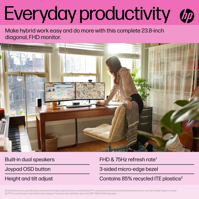 HP Écran LCD 60,5 cm / 23,8 pouces P24h G5 - Full HD 1080p, 75 Hz, Haut-parleurs intégrés, Réglable en hauteur