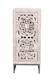 GINER Y COLOMER - Buffet commode 5 tiroirs en bois de manguier avec base en fer, couleur blanc vieilli et gris, dimensions 105 x 45 x 35 cm