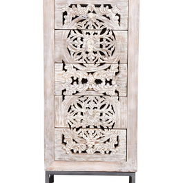 GINER Y COLOMER - Buffet commode 5 tiroirs en bois de manguier avec base en fer, couleur blanc vieilli et gris, dimensions 105 x 45 x 35 cm