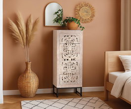 GINER Y COLOMER - Buffet commode 5 tiroirs en bois de manguier avec base en fer, couleur blanc vieilli et gris, dimensions 105 x 45 x 35 cm