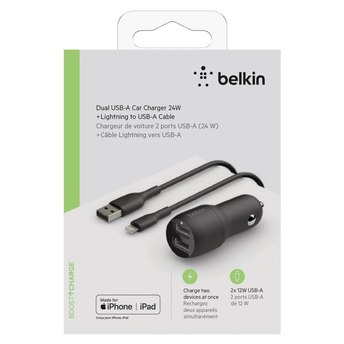 Belkin Chargeur de voiture Boost Charge 24W double USB-A avec câble Lightning 1m noir
