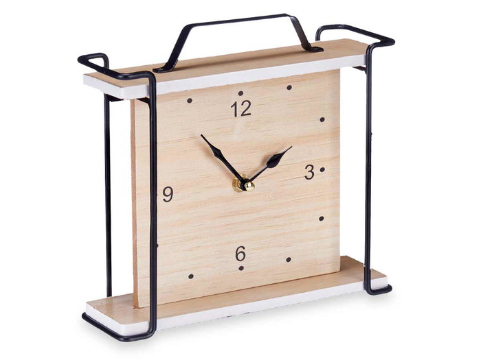 Giftdecor Horloge de Table Carrée avec Anse 23x21x7 cm Métal MDF Noir et Bois (Set de 6)