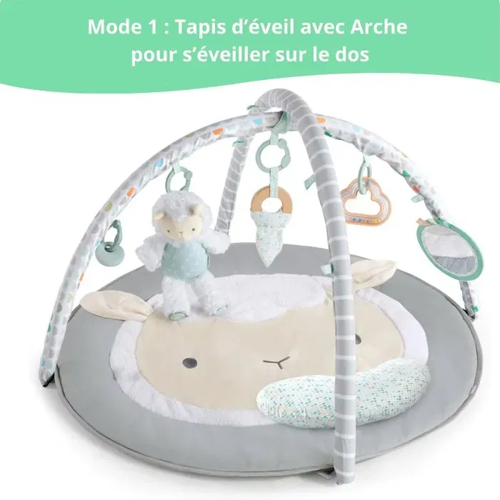 Ingenuity Tapis d'éveil bébé évolutif Petit Mouton avec arche de jeu amovible, 5 jouets sensoriels, peluche mouton, cadeau