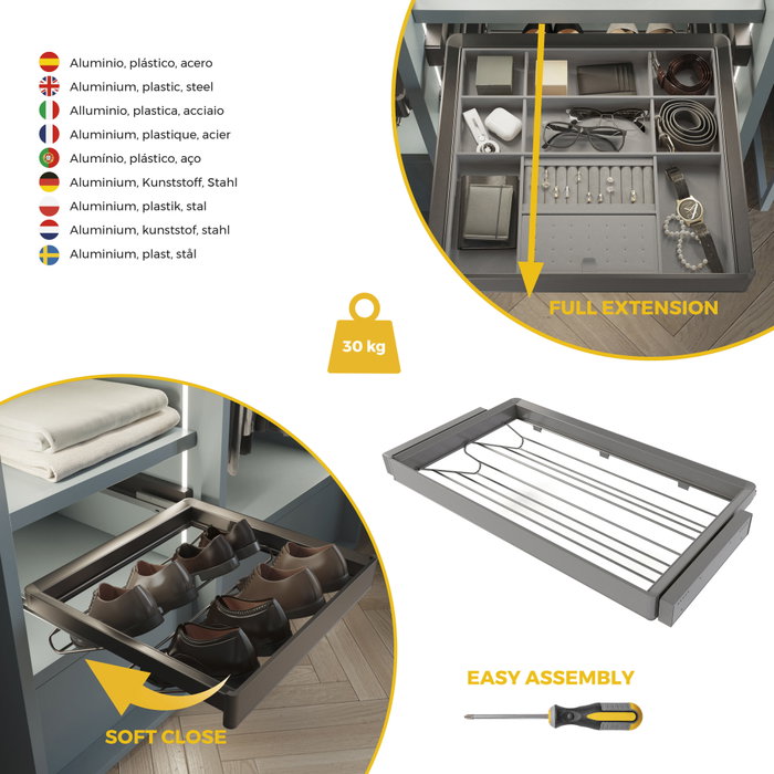 Emuca Kit tiroir à chaussures et rack ajustable Quartz pour armoires, glissières extension totale et à fermeture douce, Module 90cm, Finition Titane Emuca Kit tiroir à chaussures et rack ajustable Quartz pour armoires, glissières extension totale et à fermeture douce, Module 90cm, Finition Titane