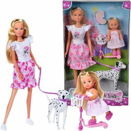 Simba Dickie Group Steffi Love et Evi Love avec dalmatiens et trottinette