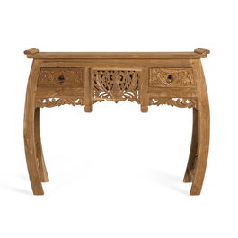 GINER Y COLOMER - Console en bois massif de teck avec 2 tiroirs, motif floral, style balinais, 100 cm L x 37 cm P x 78 cm H, livrée montée