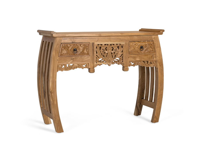 GINER Y COLOMER - Console en bois massif de teck avec 2 tiroirs, motif floral, style balinais, 100 cm L x 37 cm P x 78 cm H, livrée montée