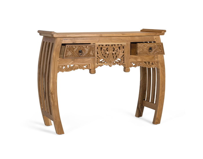 GINER Y COLOMER - Console en bois massif de teck avec 2 tiroirs, motif floral, style balinais, 100 cm L x 37 cm P x 78 cm H, livrée montée
