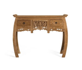 GINER Y COLOMER - Console en bois massif de teck avec 2 tiroirs, motif floral, style balinais, 100 cm L x 37 cm P x 78 cm H, livrée montée