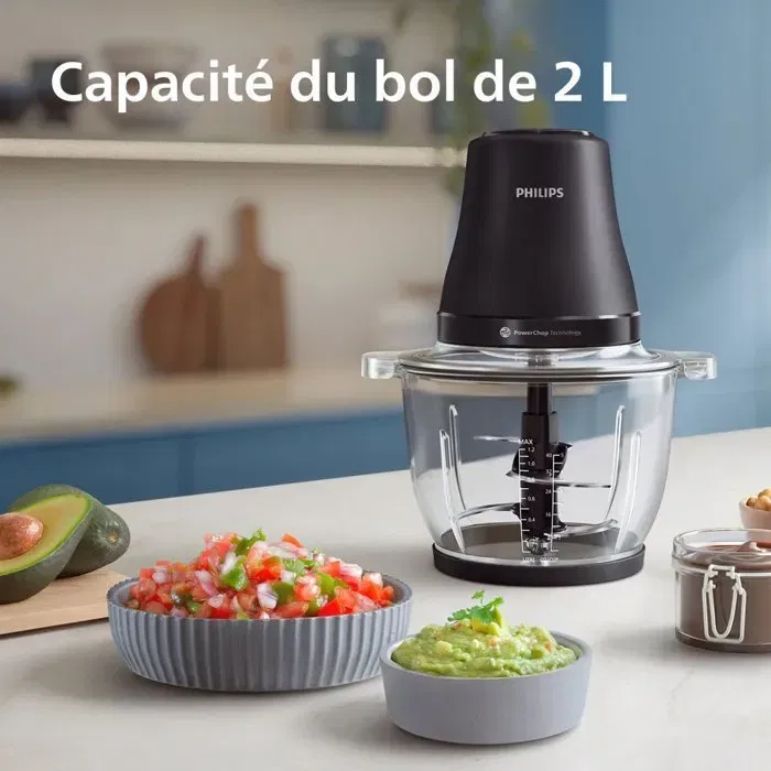 Philips HR1502/00 Hachoir Electrique Série 3000 Noir, 2 Litres, 500W avec Technologie PowerChop pour Hachage Rapide