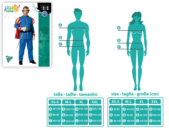 Déguisement Prince Charmant Homme Adulte avec Cape, Taille M-L, Composition Polyester, Thème Contes de Fées, Couleur Bleu
