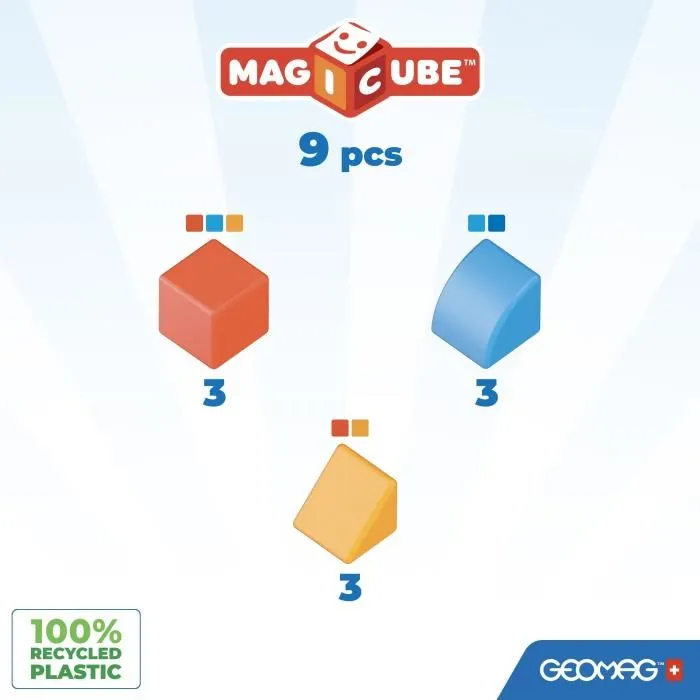 Geomag Magicube 208 - Jeu de construction magnétique - 9 cubes recyclés pour enfants 1-5 ans - Formes et animaux variés