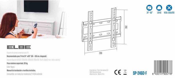 ELBE SP-2460-F Support TV mural fixe pour écrans 24 à 40 pouces (60-100 cm), max 15 kg, compatible VESA 50x50, 75x75, 100x200, 150x150, 200x200, noir
