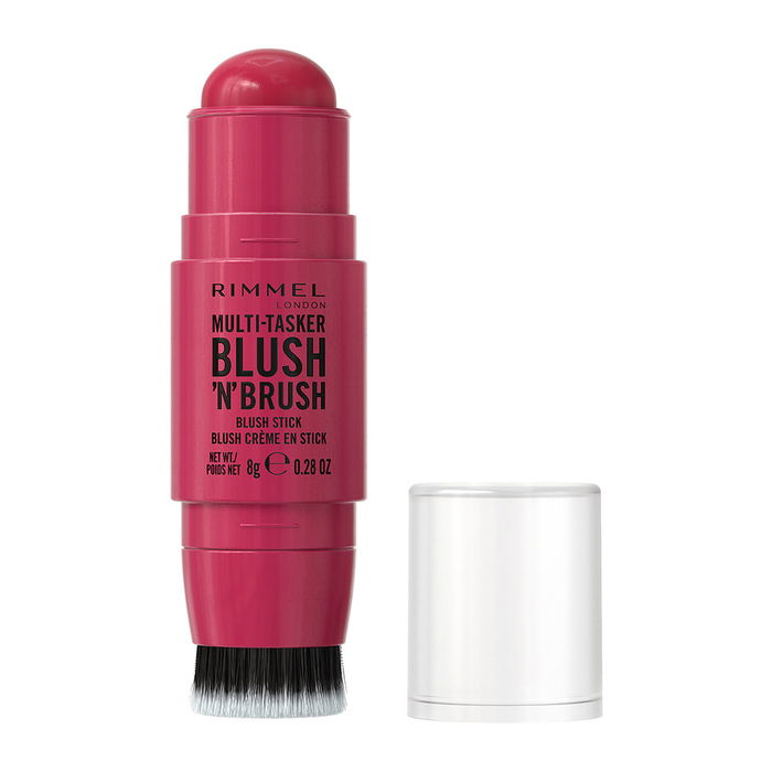 Rimmel London Blush 'N' Brush Multi-tâches - Stick à joues avec pinceau intégré, teint frais, longue tenue, vegan, nuance Fushia Glam 200, 8 g