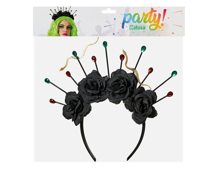 Couronne noire avec décorations de roses et épingles multicolores pour costume Halloween Gothique, cosplay et fêtes à thème