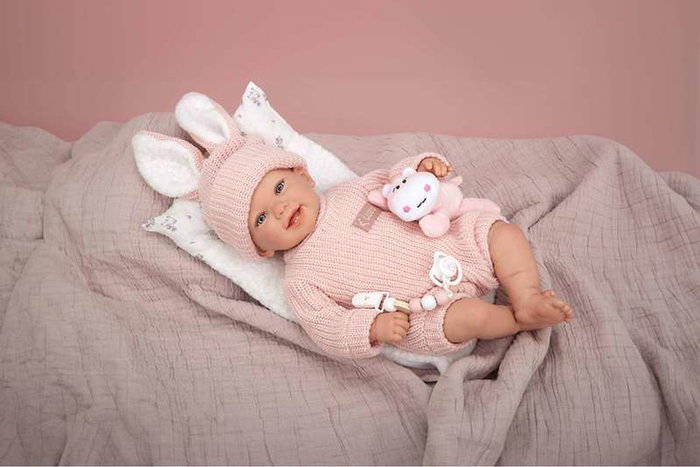 Muñecas Arias - Poupée reborn Lucia avec coussin et peluche - 45 cm - Âge recommandé : 36 mois