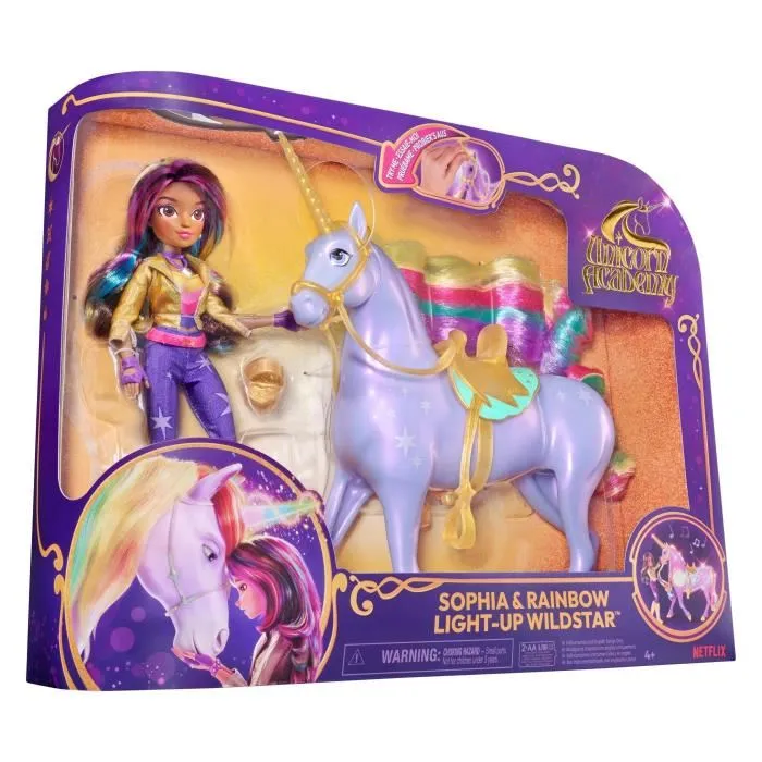 Spin Master Wildstar - Licorne interactive 28 cm avec effets lumineux et sonores + Poupée Sophia 24 cm - Coffret L'Ecole des Licornes - À partir de 4 ans