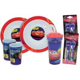 Fun House - Lot de Vaisselle Disney Cars - 2 Assiettes Creuses 16 cm, 2 Verres 220 ml, 2 Sets de Couverts et Gobelet Paille