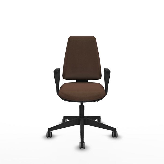 Chaise Elche Asynchrone Tissu Marron foncé Base pyramidale noire Accoudoirs fixes Sans appui-tête Roulettes 65mm pour moquette Chaise Elche Asynchrone Tissu Marron foncé Base pyramidale noire Accoudoirs fixes Sans appui-tête Roulettes 65mm pour moquette