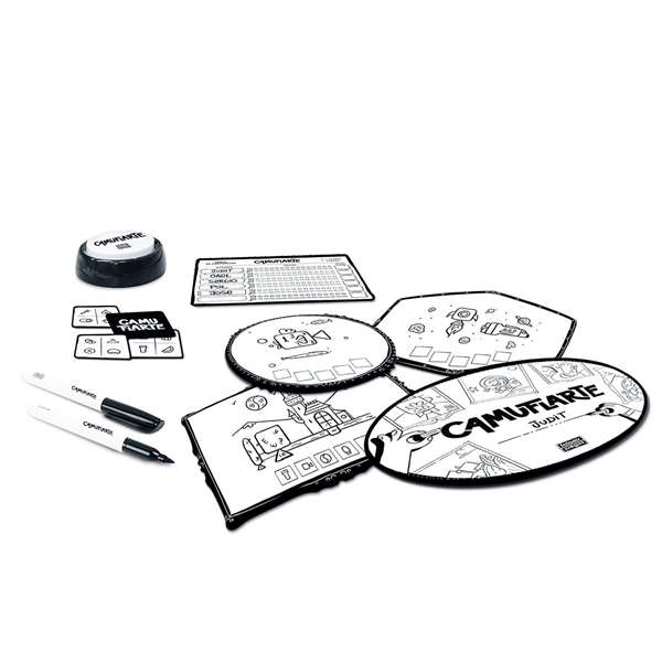 Falomir Jeu Camuflarte - Jeu de société en espagnol avec 6 ardoises, 6 feutres, 6 gommes, 1 tableau de scores, 54 cartes et 1 minuteur pour enfants 6 mois à 8 ans